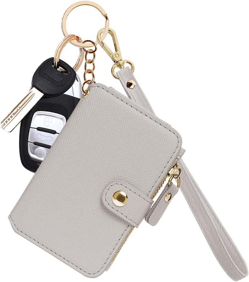 M-Plateau Wallet, Womens card Holder Leather Keychain Wallet With Zipper Coin Pocket ID Window Wrist Strap Gift Box (Beige) - Image 1